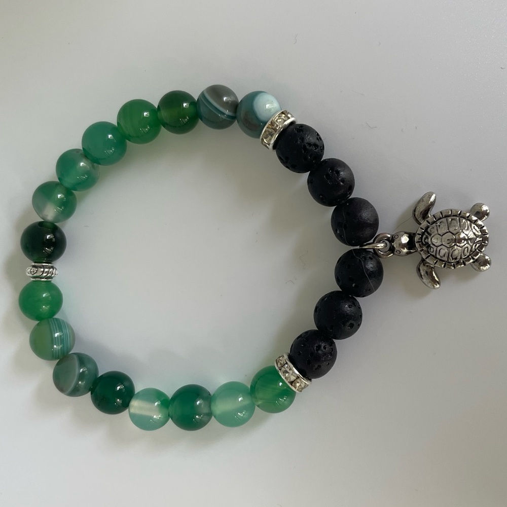 NEW Handmade Natural Stone Sea Turtle Bracelet- Green Agate and Lava Stone - Picture 4 of 7